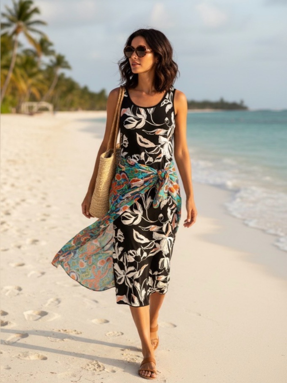 Tribal Black Floral Tank Midi Dress with Cream and Blush Accents 6895O-4302-3168